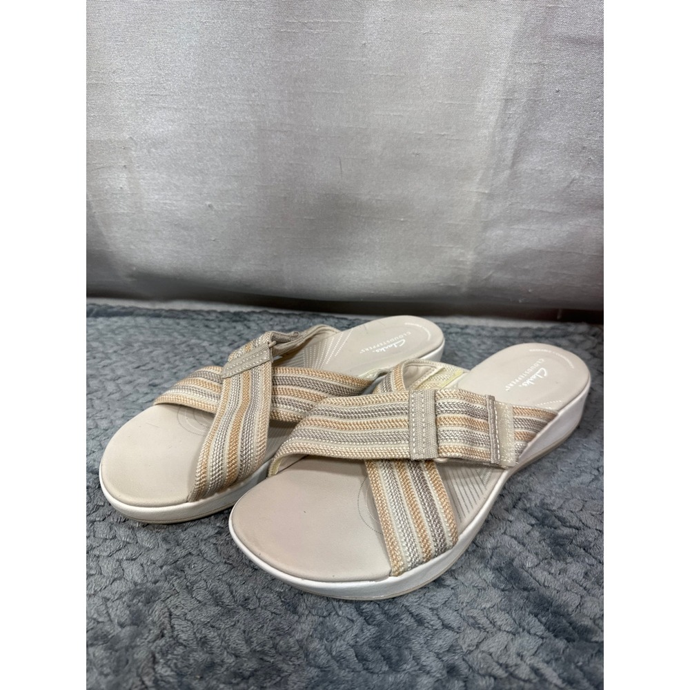 Clarks Cloudsteppers Arla Glison Womens Beige Striped Slide Sandals Wedge 10